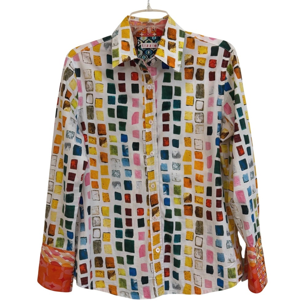 Tizzie Womens M Colorful Grid Print Button Up Shirt Artsy Contrasting Cuffs NWOT